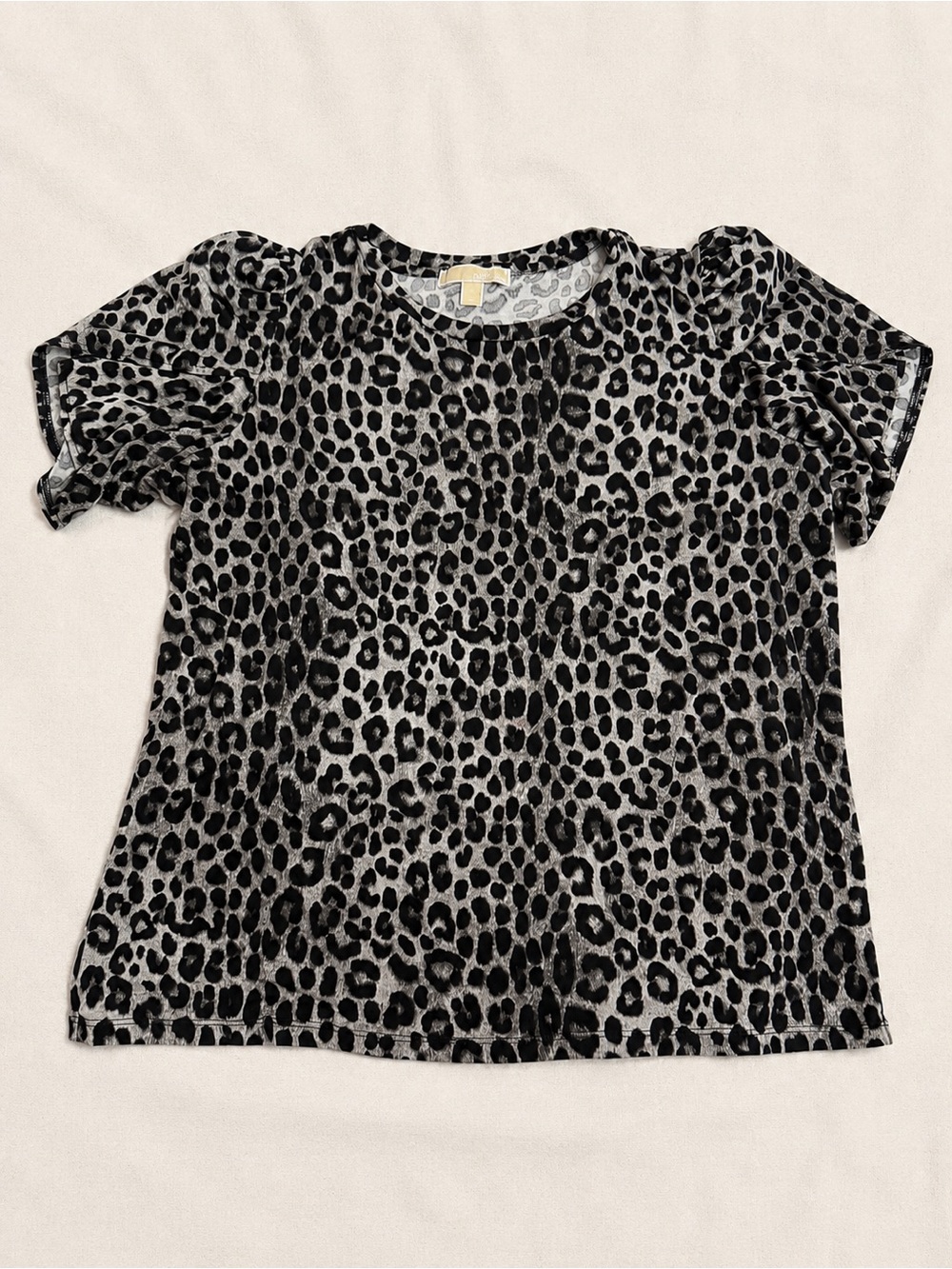 Michael Michael Kors Leopard Print Puff Sleeve Top Gray Black Women’s Large - Picture 2 of 4